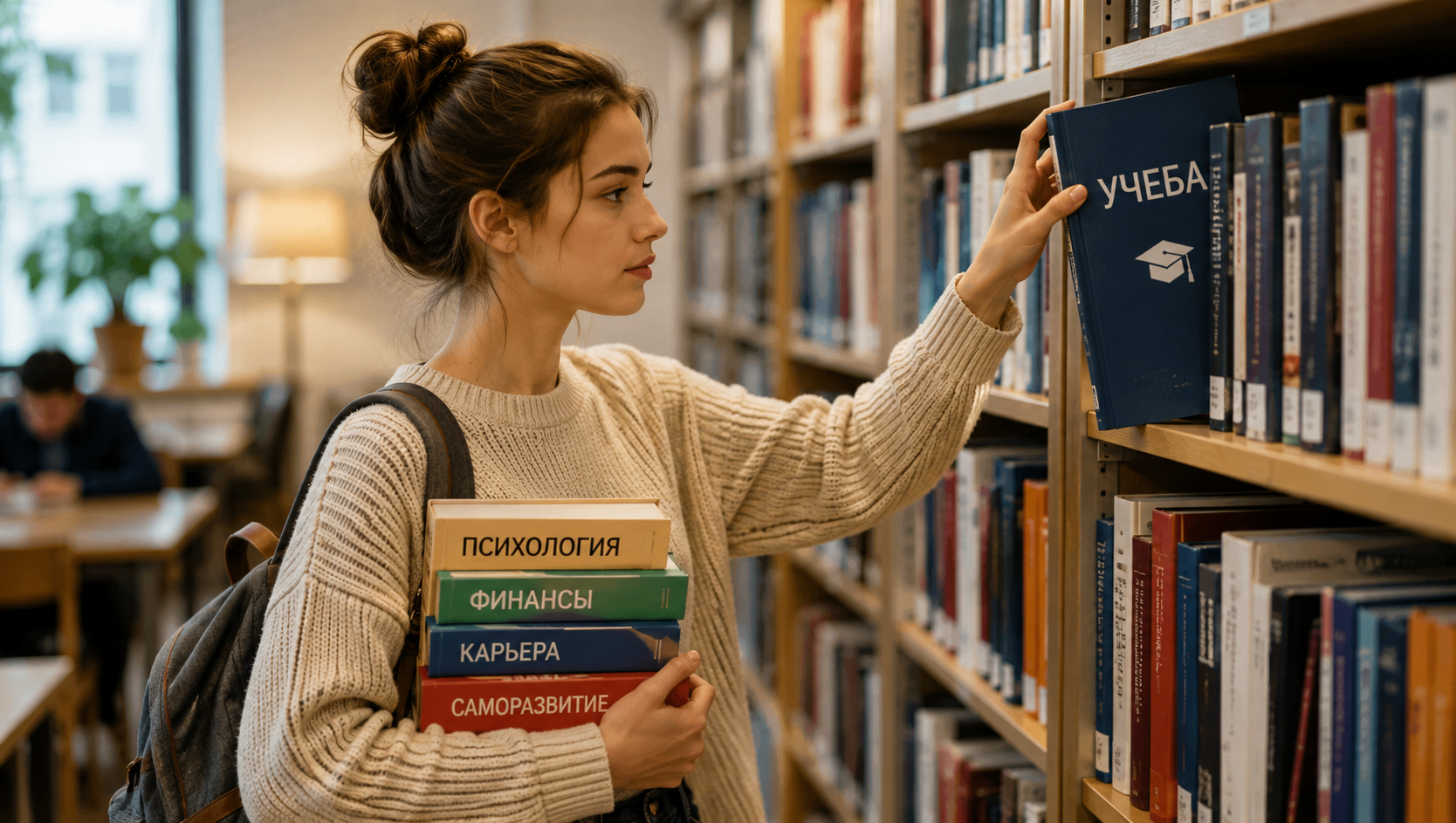 Почему студенту важно читать разные книги Студентка выбирает книги по учебе, психологии, финансам и саморазвитию